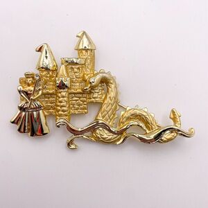 Vintage AJC Signed Gold Maiden/Fairy Sea Creature/Dragon Castle Brooch/Pin